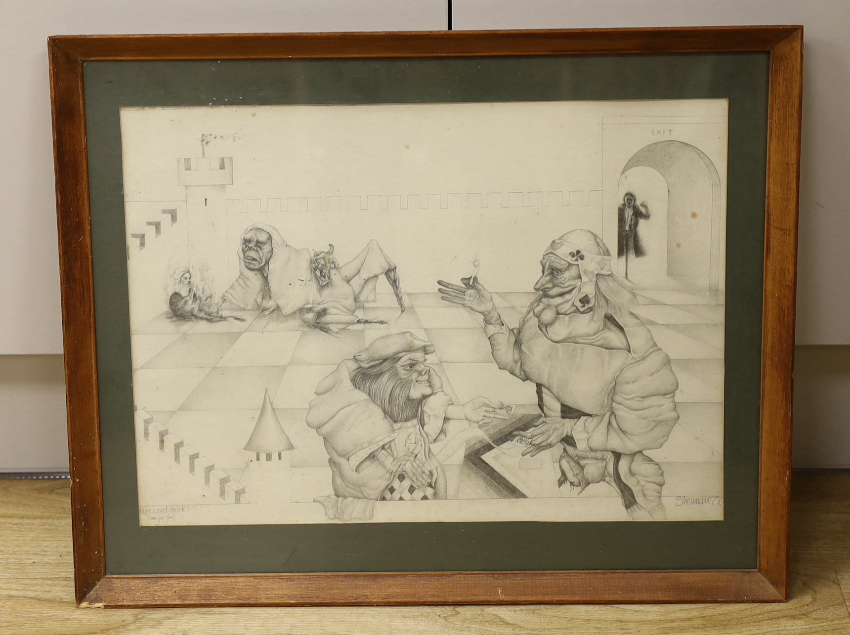 Modern British, pencil drawing, 'Three Card Trick', signed and dated '77, 32 x45cm